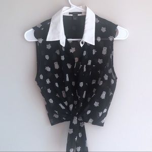 Dark Blue Owl Self Tie Crop Top